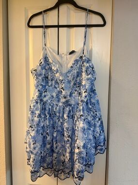 ARULA White Dress with Blue Floral Print and Thin Straps